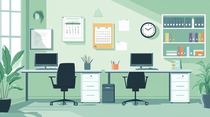 Modern Office Workspace Interior, Two Desks, Plants, and Sunlight