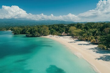 Obraz premium Turquoise water lapping on the sandy shore of a tropical island beach in the caribbean