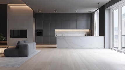 Modern open-plan kitchen living room interior