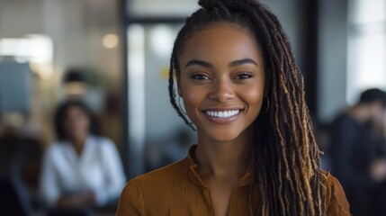Fototapeta premium Smiling black woman with stylish long hair facing the camera
