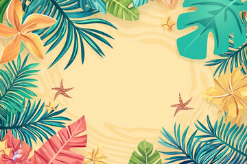 A Tropical leaves and flowers frame sandy background, perfect for summer