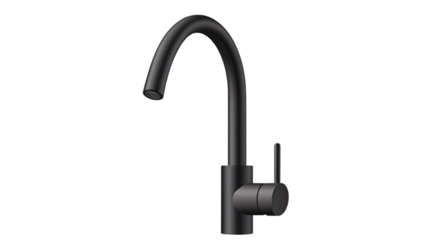 Matte black modern kitchen faucet with a sleek curved design. This stylish faucet adds contemporary touch to kitchen interiors with its minimalist structure. Isolated on transparent background.
