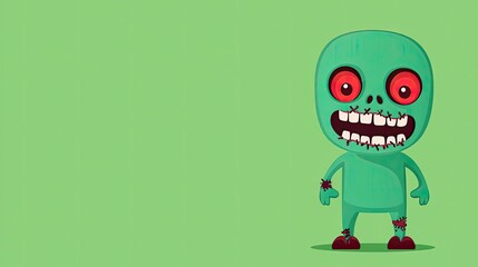 Illustration of a cartoon zombie character with green skin, big red eyes, and a wide grin, set against a solid green background.