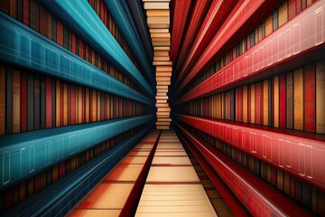 Naklejka premium Vibrant library interior with tall shelves of stacked books, creating a captivating perspective view of colorful book spines and organized aisles.