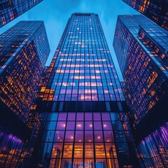 Stunning view of modern skyscrapers illuminated at dusk with vibrant reflections and dramatic sky