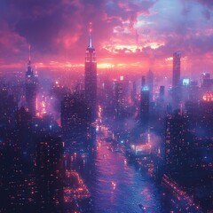 Fototapeta premium Vibrant city skyline at sunset with colorful clouds reflecting over the river, showcasing urban life