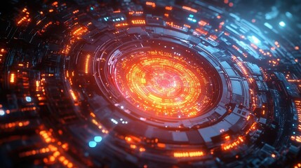 Obraz premium Futuristic abstract digital technology design with glowing orange and blue elements