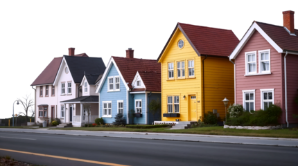  a graceful, elegant row of cute, colorful village houses viewed from the road 