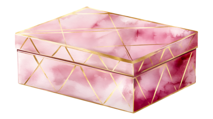 Pink decorative box watercolor illustration with gold accents and elegant geometric patterns, perfect for creative and elegant design projects. Isolated on transparent background.