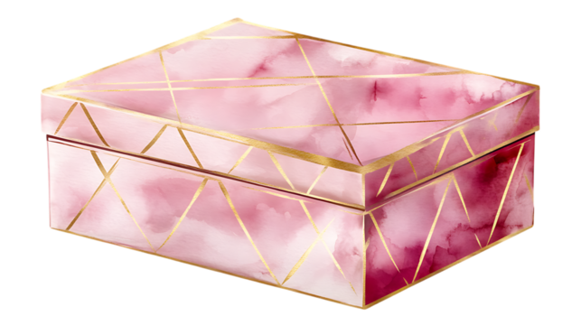 Pink decorative box watercolor illustration with gold accents and elegant geometric patterns, perfect for creative and elegant design projects. Isolated on transparent background. - Powered by Adobe