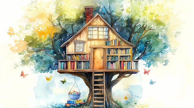 Artistic watercolor of a tree house halffilled with books and half with toys, highlighting shared space. Memory - Old house. Illustration