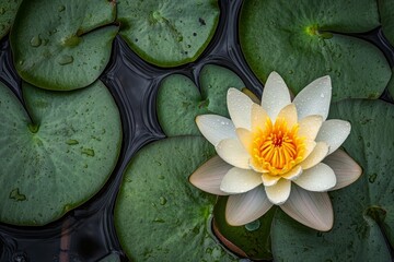 Sacred Lotus, spotlighting the bright color contrast against a green lily pad backdrop