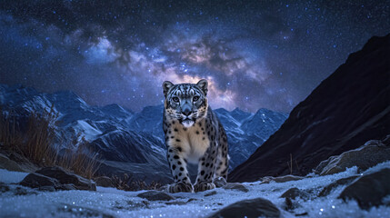A majestic snow leopard stands in a snowy mountain landscape under a stunning starry sky, blending wildlife and fantasy elements.  