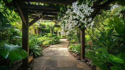 Stephanotis flowering vine, hanging on a garden trellis with lush greenery in the background