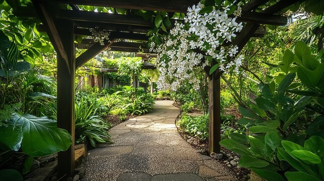 Stephanotis flowering vine, hanging on a garden trellis with lush greenery in the background