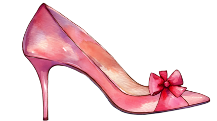 Pink watercolor high heel shoe illustration with a bow detail, designed in a feminine and elegant style. Isolated on transparent background.
