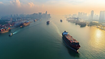 Naklejka premium Aerial shot of a container ship passing through a major shipping lane, with a fleet of cargo vessels in the distance, capturing the vast network of global trade and supply chain operations. 