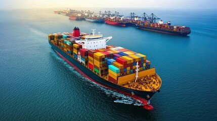 Aerial shot of a container ship passing through a major shipping lane, with a fleet of cargo vessels in the distance, capturing the vast network of global trade and supply chain operations. 