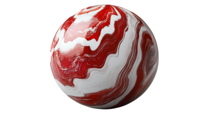 Red and white sphere with a bold swirling texture, featuring dynamic marble patterns. The contrasting colors and fluid lines create a visually striking design. Isolated on transparent background.