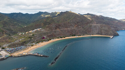 Naklejka premium Aerial view of the Playa de Las Teresitas (Las Teresitas Beach) near Santa Cruz de Tenerife, the capital city of the Canary Islands, Spain