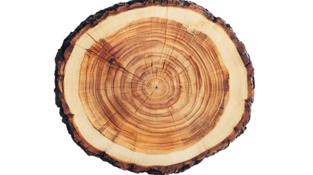 Round wooden tree slice with bark texture and visible growth rings. The natural wood grain and rough edges are perfect for rustic decor or woodworking. Isolated on transparent background.