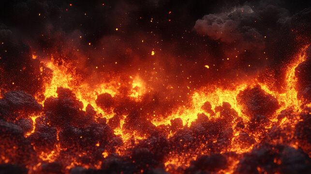 A surreal volcanic eruption, molten lava spewing into the air, creating a mesmerizing display of fire and smoke