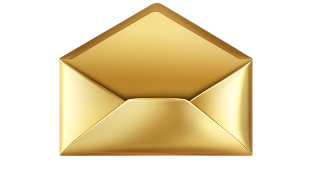 Shiny gold envelope open with a triangular flap, showcasing a luxurious and elegant design perfect for special occasions. Isolated on transparent background.