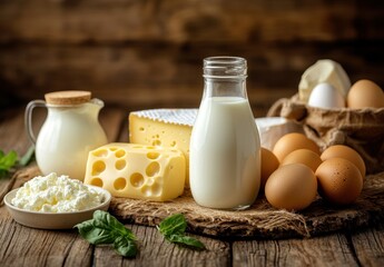 Fresh Dairy and Eggs Still Life Arrangement with Milk, Cheese, Cream, and Organic Eggs on Rustic Wooden Background