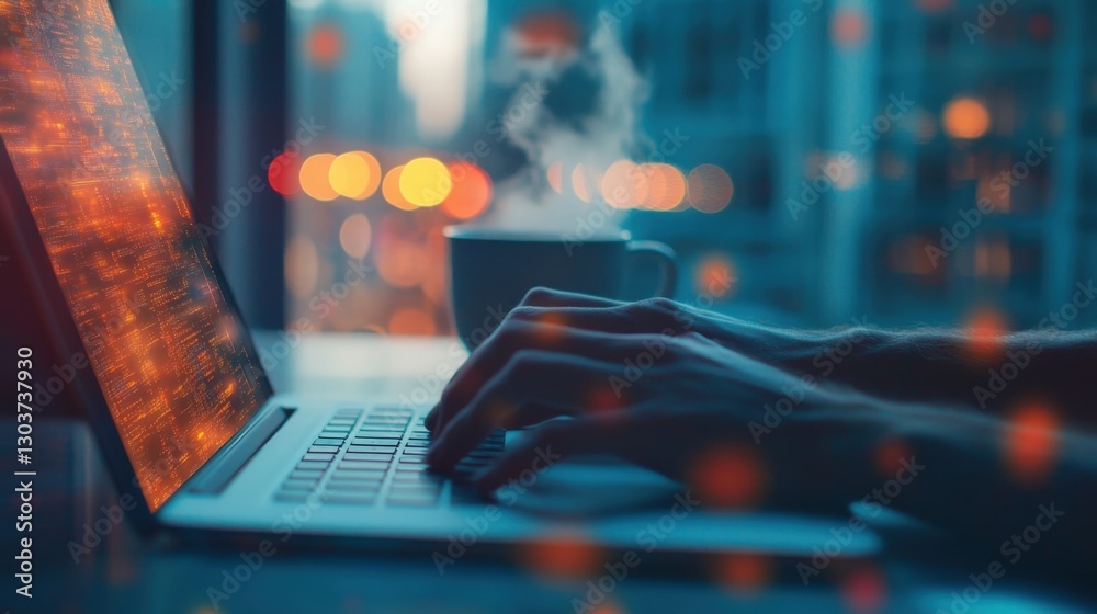 Poster software developer working on a laptop with abstract code displayed on screen, next to a cup of hot 