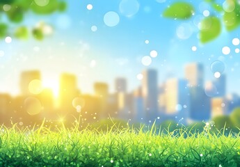 Obraz premium Green Grass Cityscape Sunrise Scene