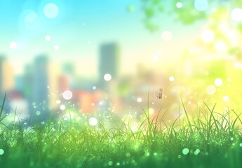 Obraz premium Vibrant Green Grass Against A Blurred Cityscape Background