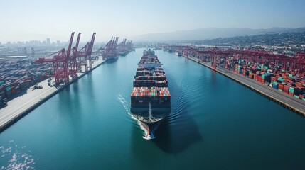 Naklejka premium Aerial view of a massive container ship navigating a busy international port, surrounded by cranes and cargo, representing global trade routes and supply chain logistics in the modern marketplace. 