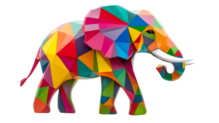 Vibrant, colorful table designed in shape of elephant, featuring playful and geometric design. This unique piece of furniture adds whimsical touch to any room. Isolated on transparent background.