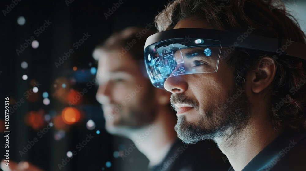 Poster two software engineers are developing new software using augmented reality glasses in a dark technol