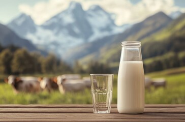 Fresh milk in a glass and bottle on a wooden table with blurred mountains and cows in the background during a sunny day in nature