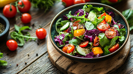 Fresh organic salad bowl with vibrant vegetables on a rustic wooden table. 