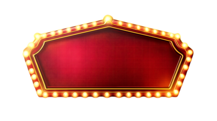 Vintage blank marquee sign with lights, featuring a retro red and gold design, perfect for customizing with text or graphics. Isolated on transparent background.