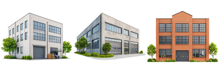 Obraz premium Three different industrial buildings with trees and shrubs.