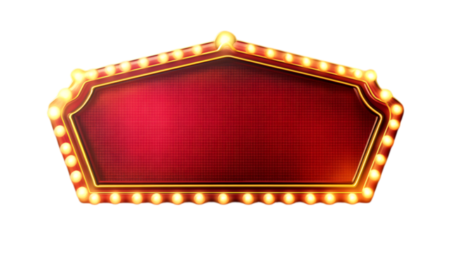 Vintage blank marquee sign with lights, featuring a retro red and gold design, perfect for customizing with text or graphics. Isolated on transparent background.