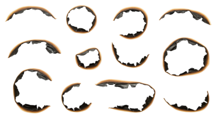 set of burn paper holes PNG, burned holes isolated on transparent background, cutout