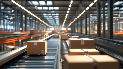 Establishing Shot: Retail packages, cardboard boxes, and online orders are being prepared for shipment in a modern delivery logistics station warehouse with a functional automated conveyor belt.