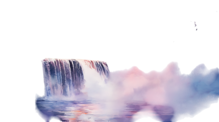 Watercolor artwork of serene sunset scene featuring flowing waterfall surrounded by misty trees and colorful skies in shades of pink, orange, and purple. Isolated on transparent background.