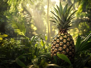 Fototapeta premium A pineapple standing upright in the middle of a lush rainforest, surrounded by dense green foliage and dappled sunlight.