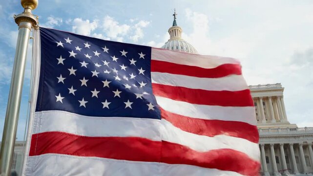 American Flag Waving in Front of the U.S. Capitol Building, Perfect for Patriotic and Political Themes