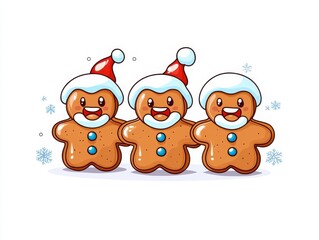 Fototapeta premium Three cheerful gingerbread men wearing Santa hats and winter attire, surrounded by snowflakes