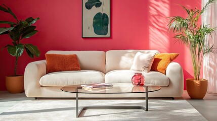 A contemporary glass-top coffee table with a metal frame, accompanied by a plush beige sofa, set against a hot pink background. 
