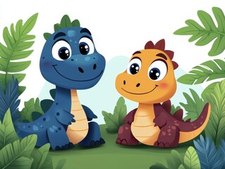 Naklejka premium Two cheerful cartoon dinosaurs sitting in a lush green jungle setting, smiling