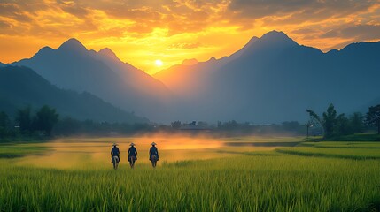 Sunrise farmers ride through misty rice paddy, mountains