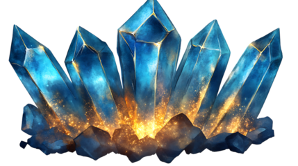 Watercolor illustration of blue crystals with a radiant golden glow. A stunning artistic depiction of vibrant and glowing gemstones. Isolated on transparent background.