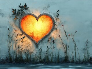Heart-shaped light surrounded by foliage and flowers on a textured blue background